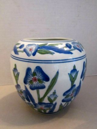 Vintage Porcelain Asian Vase.  Blue Flowers On White.  6 " X5.  5 ".  Signed