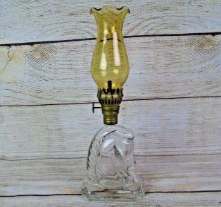 Vintage Clear Glass Horse Head Finger Oil Lamp With Burner & Amber Glass Chimney