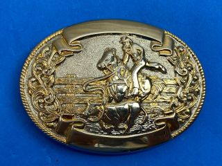 Vintage Chambers Western Rodeo Belt Buckle Cowboy Roping Cattle