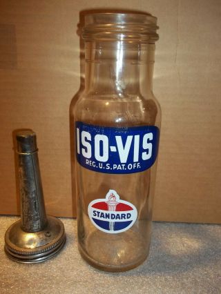 1949 Standard Oil Co.  " Iso - Vis " Glass Quart Oil Bottle & Spout My Last Bottle
