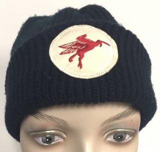 Mobilgas Mobil Oil Blue Knit Hat With Pegasus Flying Red Horse Embroidered Patch
