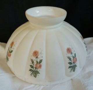 Vtg Satin Cream Glass Oil Lamp Shade Painted Peach Roses Puff Panel 10 " Fitter