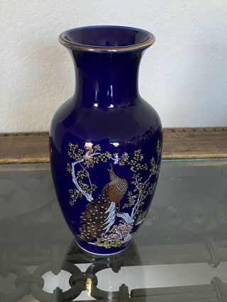 Oriental Chinese Dark Blue Vase Floral Cherry Bloom Peacocks Gold Accents 6 