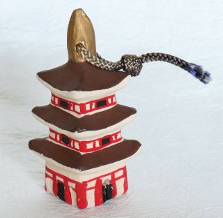 Japanese Clay Bell Three - Story Pagoda Temple Handmade Dorei Vintage