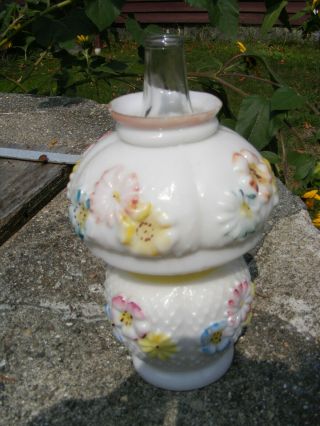 Antique Milk Glass Handpainted Miniature Oil Lamp With Burner & Chimney