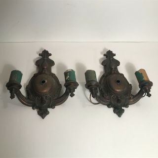 Antique Pair Bronzed Color Double Arm Art Deco Electric Wall Sconces