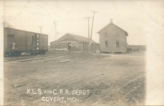 Mich Rppc K.  L.  S.  & C.  R.  R Railroad Depot Covert Michigan Real Photo Postcard