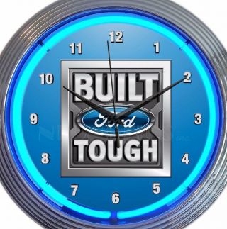 Build Ford Tough Neon Clock 15 Inch Office Game Room Garage Man Cave Blue White