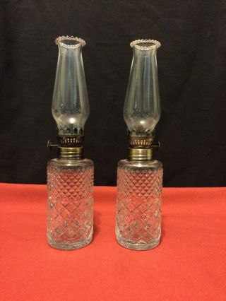 Set Of 2 Vintage Lamplight Farms Clear Crystal Cut Oil Lamps Made In Austria