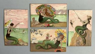 Vintage Fantasy Mermaid Postcards (4) Signed Chiostri Lovely Coloring,  Details