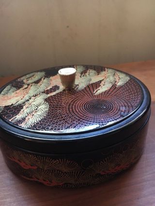 Red Black Green Decor Laquerware Round Box With Lid Gold Knob Made In Japan 5 In