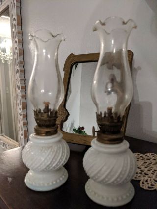 2 Vintage Milk Glass Small Oil Lamp 8.  5 " Made In Hong Kong
