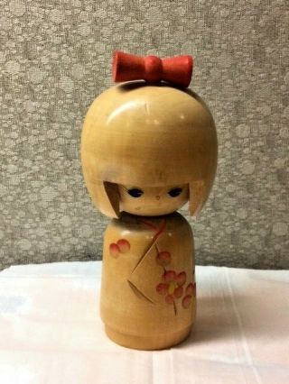 Japanese Kokeshi Style Wooden Doll Figurine Wood Girl Signed Red Floral Simple