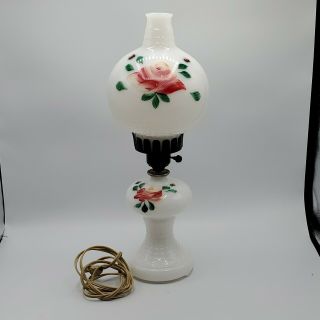 Vintage Milk Glass W/ Hand Painted Roses Design Electric Hurricane Lamp -