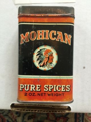 Vintage Mohican Pure Spices Tin,  Native American Indian Graphics,  2oz Ny,  Ny.