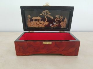 Vintage Asian Carved Cork Diorama Red Lacquer Wooden Jewelry Trinket Box Hinged