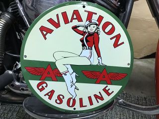 Vintage Porcelain 1931 Flying A Aviation Gasoline Pump Plate Airplane Pinupgirl