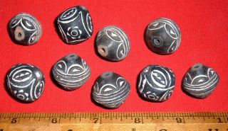 (9) Fine Etched Terracotta Spindle Whorl Beads,  Collectible African Beads