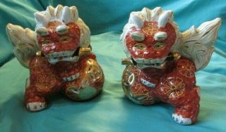 Feng Shui Pair Colored Fu Foo Dog Guardian Lion Statue Figurine Sword In Mouth