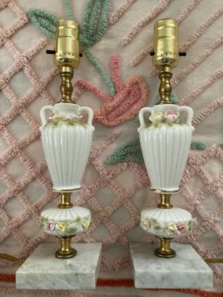 Vintage Pair Marble Base Ceramic Porcelain Rose Art Boudoir Bedroom Lamps 13”
