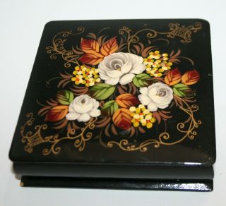 Vintage Russian Lacquer Hand Painted Floral Hinged Small Trinket Box