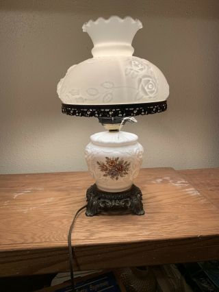 Vintage Hurricane 3 Way Lamp With Milk Glass And Flower And Rose Design