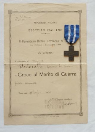 Italian Cross Merit Of War With Military Certificate Italian Army 1948 Wwii Vet