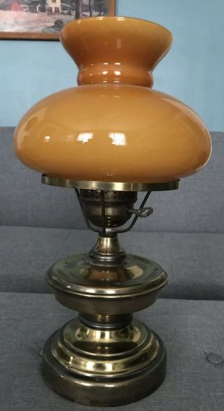 Vintage Brass Hurricane Lamp Orange Glass Shade,  Electric Lamp