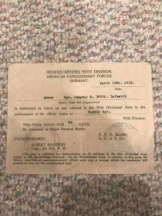 90th Infantry Division Leave Pass,  360th Infantry Regiment,  Wwi Aef Germany