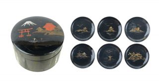 Vintage Japan Lacquerware Lidded Round Box With 6 Black Coasters Mount Fuji