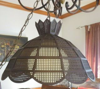 Vintage Wicker Woven Brown Shade Hanging Swag Lamp Chain Plastic Mcm (y995