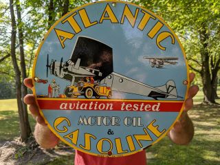 Old Vintage 1939 Atlantic Motor Oil & Gasoline Porcelain Gas Pump Sign Aviation