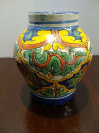 Signed Alba Mexico Floral Vintage Clay Pottery Vase Blue Green Yellow