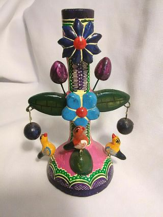 Colorful Vintage Hand Painted Mexican Clay Folk Art Single Candlestick Holder