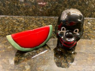 Vintage Black Americana Ceramic Salt Pepper Shakers Black Man Watermelon