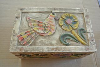 Antique Mexican Hand Carved Painted Bird Wood Box Jewelry Folk Art