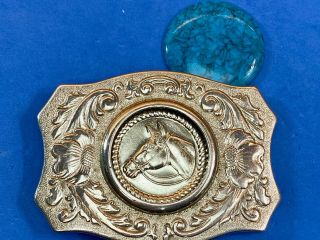 Belt Buckle With Real Or Faux Layered Turquoise Stone Centerpiece Or Horse Head