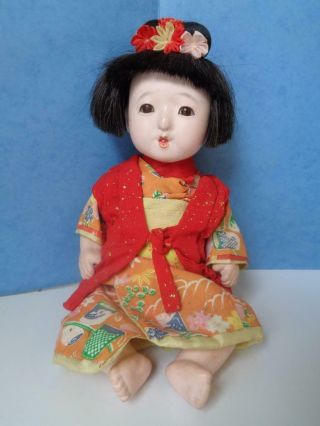 10 " Antique 1940s Japanese Gofun Asian Eggshell Bisque Baby Girl Doll Glass Eyes