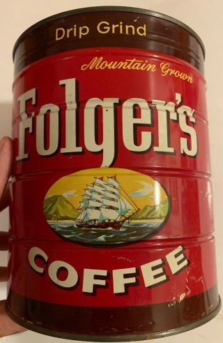 Vintage Folgers Coffee Large 4 Lb Full Key Wind Nos Tin Can 1959