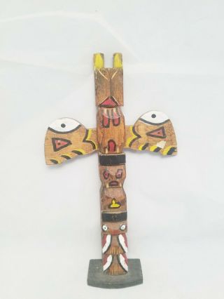 Vintage 1970s Native American Indian Made Wood Carved Painted 9” Totem Pole
