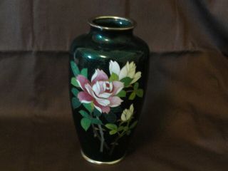 Sato Cloisonne Vase Emerald Green/teal W Roses 6 1/8 " Tall
