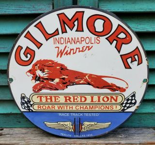 Gilmore Gasoline Porcelain Champions Speedway Special Gas Service Station Sign