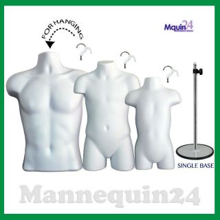 3 White Mannequins Male Child Toddler Torso Dress Forms Set,  3 Hangers,  1 Stand