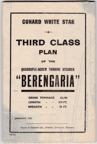 Cunard White Star Third Class Plan Of Ocean Liner " Berengaria ",  1935