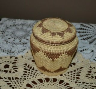 Vintage Finely Woven Small Native Basket With Lid Brown And Tan