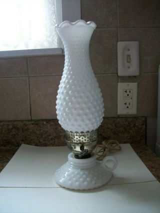 Vintage Milk Glass Hobnail Electric Lamp With Finger Hold