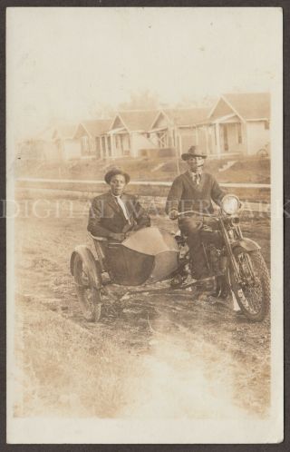 Rppc 19teens African Americans Riding Harley Davidson Motorcycle Very Fine Cond.