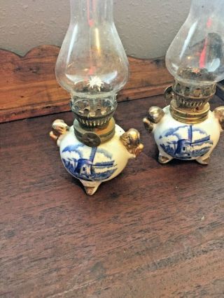 Set Of 2 Small White Oil Lamp Colonial Glass Vintage 6 " Inches Tall