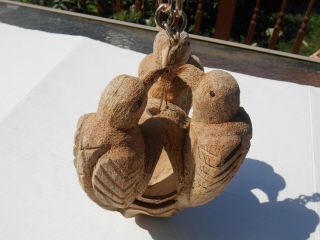 Vintage Triple Bird Carved Coconut Bird Feeder Candle Holder Hanging Decor
