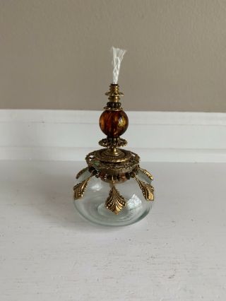 Small Amber And Clear Glass Oil Lamp 4.  5”